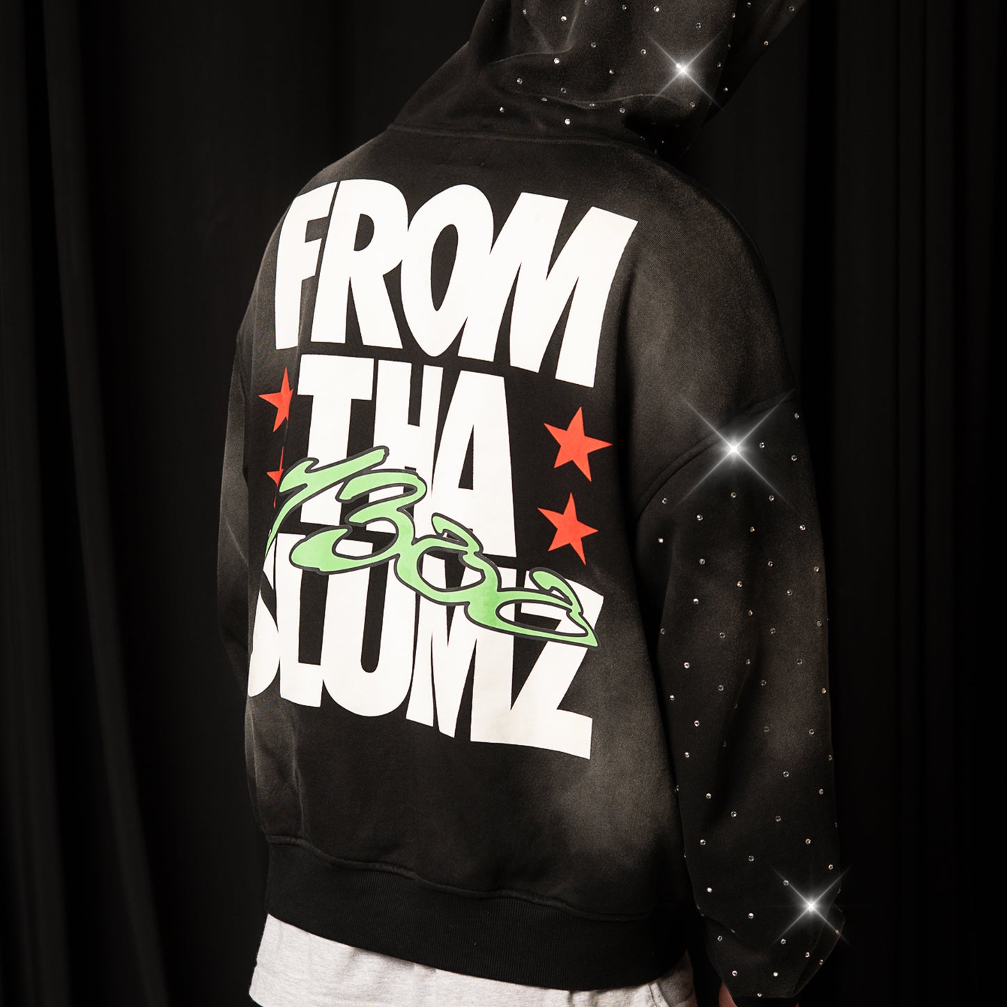 1300 ACID WASH RHINESTONE HOODIE